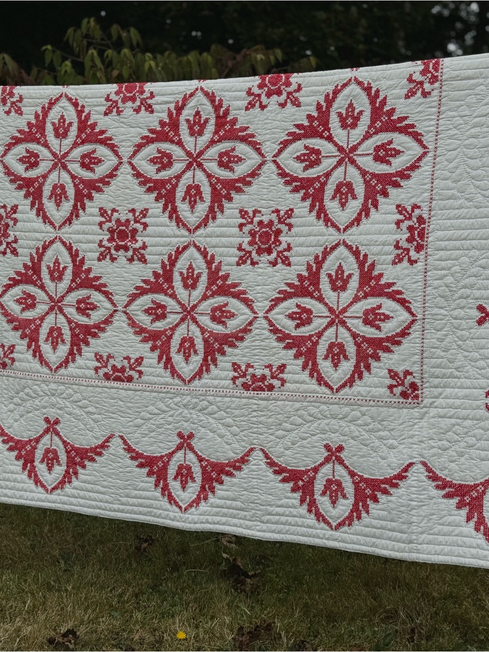 Vintage Embroidered Red and White Quilt